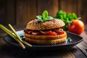 hamburger with tomato and lettuce on a black plate. AI-Generated photo