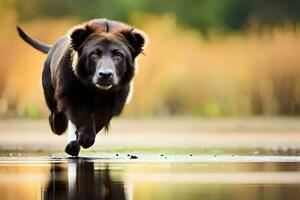 un marrón perro corriendo a través de un lago. generado por ai foto