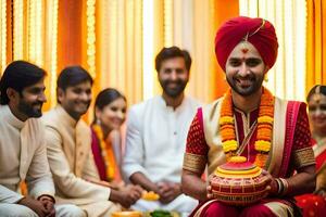 el novio es vestido en un rojo turbante y participación un rojo maceta. generado por ai foto