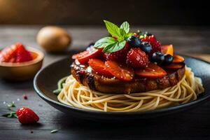 the food is served on a plate with a fork and a knife. AI-Generated photo