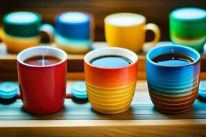 a row of colorful coffee cups on a wooden tray. AI-Generated photo