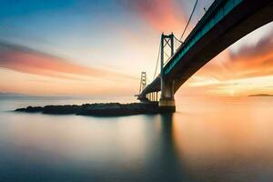 a long exposure photograph of a bridge at sunset. AI-Generated photo