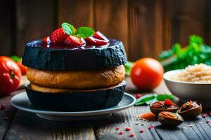a stack of cakes with strawberries and tomatoes. AI-Generated photo