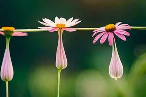 three pink flowers are hanging from a wire. AI-Generated photo