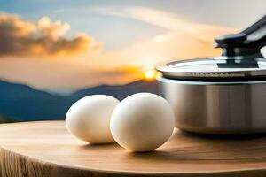 two eggs sit on a table next to a pot. AI-Generated photo