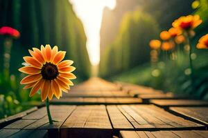 a single yellow flower stands on a wooden walkway. AI-Generated photo