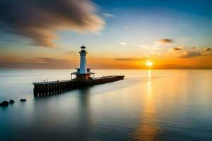 un faro a puesta de sol con el Dom ajuste detrás él. generado por ai foto