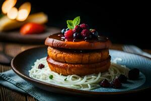 a stack of pancakes with berries and cheese. AI-Generated photo