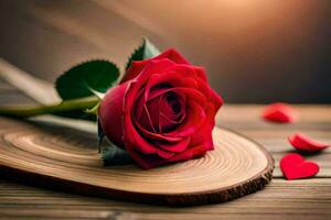 a single red rose on a wooden board with hearts. AI-Generated photo