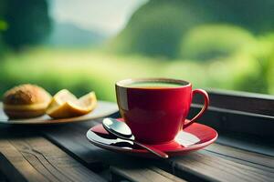 un taza de café y un mollete en un de madera mesa. generado por ai foto