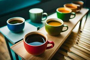 a row of coffee cups on a wooden table. AI-Generated photo