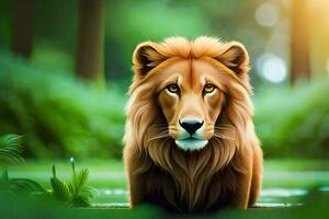 a lion in the forest, with green grass and trees. AI-Generated photo