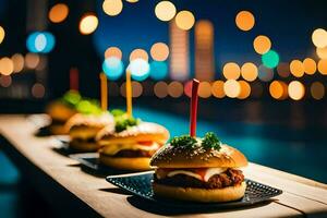 three hamburgers on a wooden table with lights in the background. AI-Generated photo