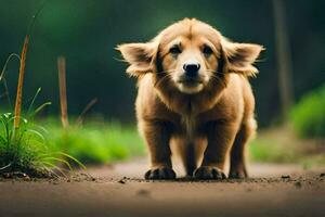 a golden retriever puppy is walking on a dirt road. AI-Generated photo