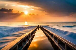 a pier with waves crashing into it at sunset. AI-Generated photo