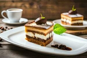 un rebanada de pastel en un plato con café frijoles. generado por ai foto