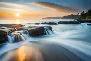 un hermosa puesta de sol terminado el Oceano con olas estrellarse dentro rocas generado por ai foto