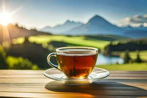 a cup of tea on a wooden table in front of a mountain view. AI-Generated photo