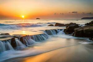 the sun sets over the ocean and waves crashing into rocks. AI-Generated photo
