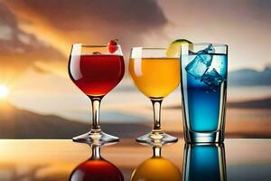 three glasses of different colored drinks on a table. AI-Generated photo