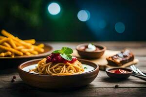 spaghetti with tomato sauce and french fries on a wooden table. AI-Generated photo