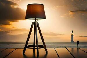 a lamp on a tripod in front of a lighthouse. AI-Generated photo