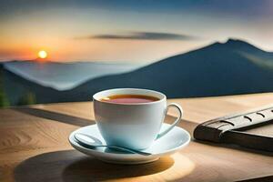 a cup of tea on a table in front of a mountain view. AI-Generated photo