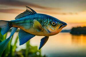 un pescado es flotante en el agua a puesta de sol. generado por ai foto