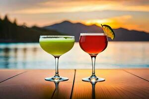 two cocktails sit on a table in front of a lake. AI-Generated photo