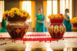two colorful vases with flowers on a table. AI-Generated photo