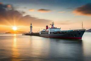 a large ship in the water at sunset. AI-Generated photo