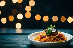 spaghetti with meatballs in a bowl on a wooden table. AI-Generated photo