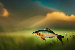 un pescado en el césped con un puesta de sol en el antecedentes. generado por ai foto