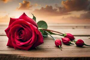 red rose on a wooden table with sunset in the background. AI-Generated photo