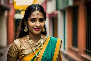 a beautiful woman in a sari and jewelry. AI-Generated photo