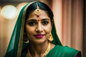 a woman in a green sari with gold jewelry. AI-Generated photo