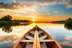 un canoa es flotante en el agua a puesta de sol. generado por ai foto