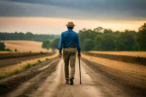 a man walking down a dirt road with a cane. AI-Generated photo