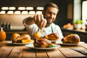 cocinero preparando un asado pollo. generado por ai foto