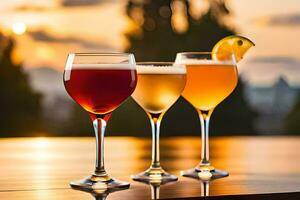 three glasses of different drinks on a table. AI-Generated photo