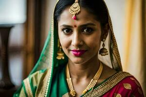 un hermosa indio mujer vistiendo un tradicional sari. generado por ai foto