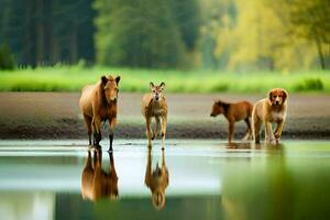 three horses and a deer are walking in the water. AI-Generated photo