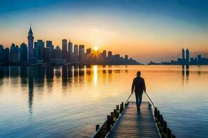 a man standing on a dock looking at the city skyline. AI-Generated photo