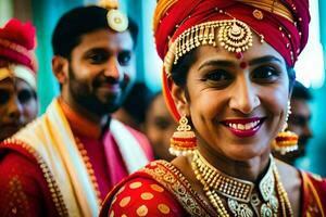 a smiling bride in traditional indian attire. AI-Generated photo