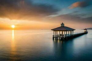 a pier with a lighthouse at sunset. AI-Generated photo