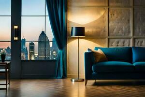 a blue couch and chair in front of a window with a city view. AI-Generated photo