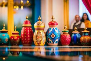 colorful vases lined up on a table. AI-Generated photo