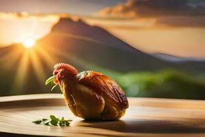 a chicken is sitting on a wooden table with a mountain in the background. AI-Generated photo