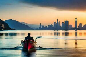 man in a red boat on the water with city skyline in the background. AI-Generated photo