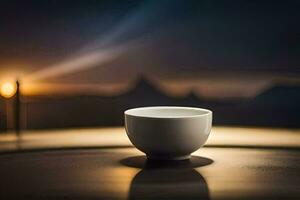 a cup of tea on a table in front of a mountain. AI-Generated photo